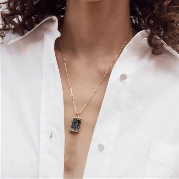 Abalone Paua Rectangle Pendant Figaro Chain 18K Real Gold Plated Necklace - Picture 2 of 11